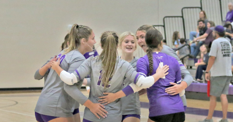 The Lady Indians celebrate a winning point in one of their games this week.