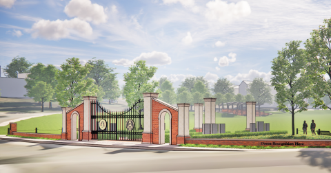 A preliminary artist’s rendering depicts a dual gate that may be added at the east entrance to the drill field on the UNG campus. The gate will be largely ceremonial, however, as the area is expected to remain open to the public except during corps activities.