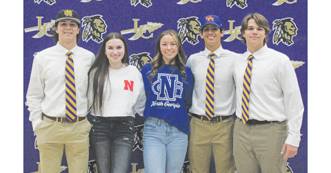 Lumpkin County’s Harper Davenport, Maddy Moyer, Averie Jones, Alejandro Narvaez and Hayden Gilbert celebrate their big accomplishments.