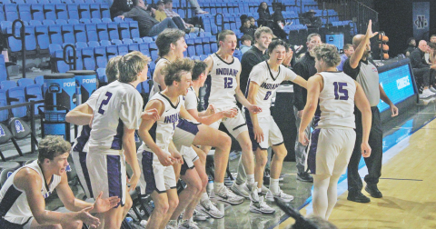 Lumpkin County players celebrate a score on the UNG home court during their game against Commerce on Saturday.