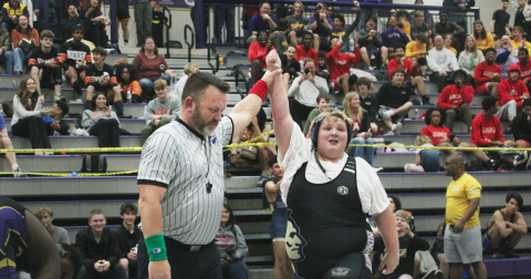 Lumpkin County’s Korbin Mincey celebrates a big comeback win at the Gold City Holiday Nutcracker Tournament.