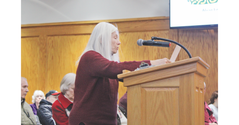 Margo Booth, whose home backs up to the Squaretail property, explains her objections to the proposed development.