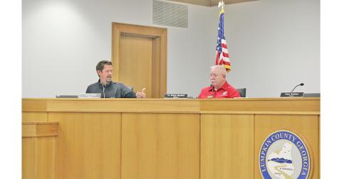 Commissioner Tucker Greene (left), who also served on the County’s recycling committee, elaborates on the group’s recommendations during a recent work session alongside Commissioner Dr. Bobby Mayfield.