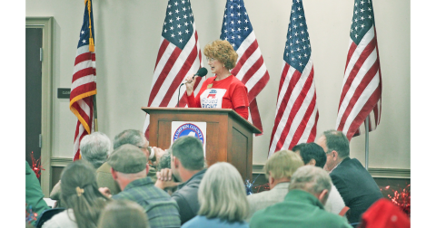 Lumpkin County Republican Party Chair Katherine James addresses the crowd during a recent nonpartisan candidate debate held at Parks & Rec.
