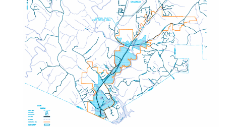 A proposed Watershed Protection Area depicts the 400 Corridor shaded in light blue. Bodies of water in the overlapping “Minimum Sewer Service Area” must be monitored to comply with permitting requirements for the Cane Branch Wastewater Treatment Plant.
