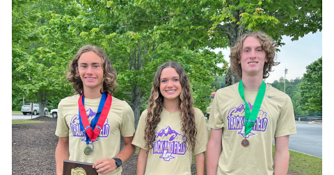 The State Finalist trio of Wyatt Windham, Keli George, and Ben Sherrilll show off their newly-earned hardware from the GHSA track State Meet.