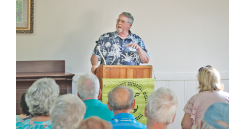 Alan McDonald speaks to the Lumpkin County Historical Society about his relative Jesse McDonald’s historic house located in what is now Yahoola Creek Park.