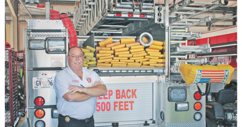 Chief David Wimpy stands next to a ladder truck parked at Fire Station 1. Lumpkin County Emergency Services is set to receive a brand new platform ladder truck with a two-man bucket at the start of 2025.