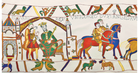 Pictured: Scene 1 from Bayeux Tapestry Replica. The entire work is 224 feet long and is a full-size copy of the Bayeux embroidery in France.