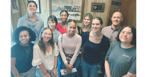 Members of the research team showed up for a meet-and-greet with The Dahlonega Nugget staff on Friday. Pictured are, from left, Samrawit Solomon, Charles Benson, Kerwin Cannon, Katheryn Young, Lauryn Wright, Joyce Bell, Angelina Novelli, Molly Moore, Nugget Publisher John Bynum and Tyler Addison.