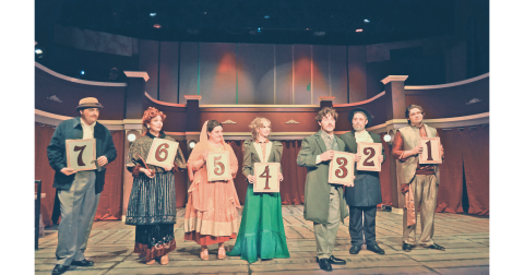 The murder suspects of The Mystery of Edwin Drood line up for the audience to vote on their fate.  Pictured, from left, are Hunter Mauldin, Kim Norton, Haze Ray, Taylor Jarrard, Drew Ferguson, Adam Jarrard and Tristan Carroll.