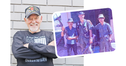 LEFT: Lumpkin County Veterans Affairs Committee Chairman Bill Poole has worked with community partners to bring The Wall That Heals traveling memorial to Dahlonega this week.  RIGHT: Poole is pictured in Vietnam with some local allies.