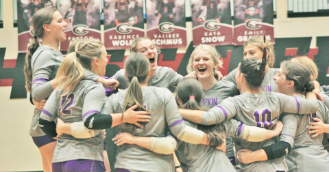 The Lumpkin County High School volleyball team rallies during their game against North Hall.