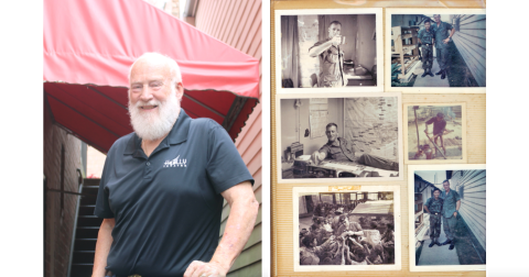 LEFT: Retired U.S. Army Colonel Hal Williams is pictured outside of the historic Holly Theater, where he served as an original board member.  RIGHT: A page from Williams’ journal, titled “Memory of South Vietnam,” depicts the charismatic officer interacting with the local population.