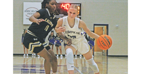 Anna Davis charges down the court and past a Calhoun defender.