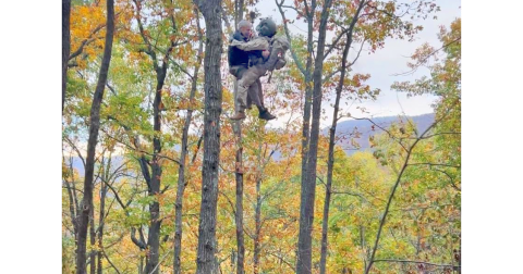 Timothy McCain is airlifted from the Chattahoochee National Forest by rescuers via Black Hawk helicopter after five days in the wilderness. (Photo provided by Union County Emergency Services)