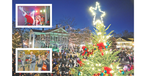 ABOVE: This year, Santa and Mrs. Claus provided just the right amount of holiday magic to illuminate the lights on the tree in front of the Visitors Center and all around the downtown Dahlonega area.  BELOW: Bells and Whistles perform at the lighting of the Festival of Tress in Hancock Park.