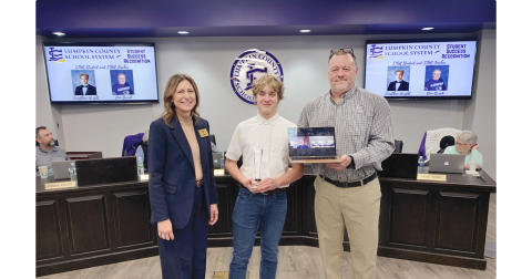 Jonathan Wright was honored as the LCHS STAR student at a recent school board meeting. Pictured, from left, are Superintendent Sharon Head, Wright, LCHS Principal Brian Matthews and a virtual STAR teacher Don Brock (on the laptop).