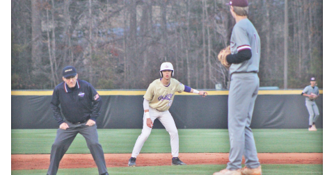 Lumpkin County’s Chase Smith plays mind games with the Chestatee pitcher while waiting at second base.