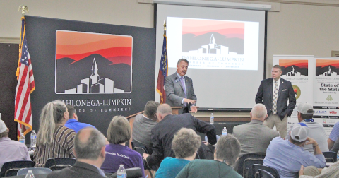 Senator Steve Gooch (left) answers audience questions during the Q&A portion of the State of the State luncheon. Representative Will Wade also participated in the annual event, which summarized legislative action from this year’s General Assembly session.