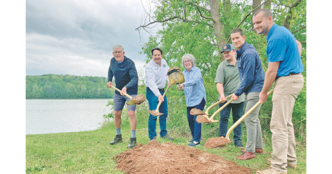 Pictured, from left, City Councilman Ross Shirley, Councilman Lance Bagley, Mayor JoAnne Taylor, Councilman Ryan Reagin, Councilman Dan Brown and Lumpkin County Commissioner Rhett Stringer celebrate the groundbreaking of the new pedestrian bridge project.