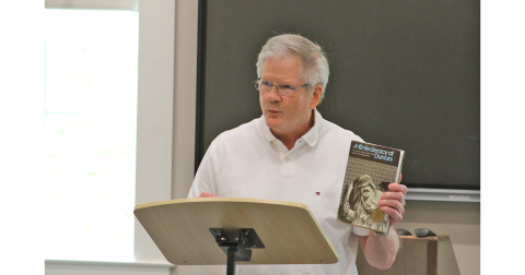 Southern humorist Jameson Gregg holds up a copy of his favorite novel, A Confederacy of Dunces, by John Kennedy Toole. The Pulitzer Prize-winning book was not appreciated in the author's time and was only released posthumously, in 1981.