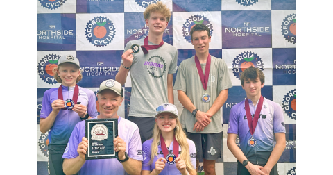 The Lumpkin mountain bike team shows off their newly-earned medals and awards. Pictured, Liam Alhadeff, David Weber, Asher Boegner, Shiloh Claussen, Mathieu Weber and Solomon Alhadeff.