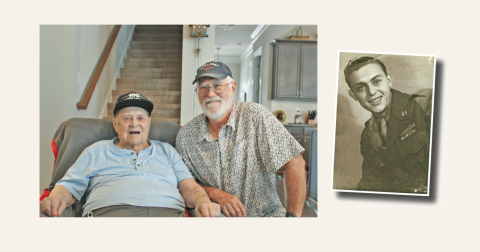 WWII veteran and Lumpkin resident Arthur Hugh “Pete” Hardy turns 100 on October 14. His unit received a Presidential Citation for extraordinary heroism during the Battle of the Bulge. He is pictured at home with his neighbor and close friend Lee Tidmore. (Far right: an Army photo shows Hardy in France shortly before returning home.)