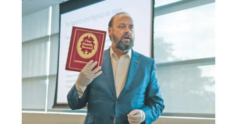 Guest speaker Dr. Andrew Leavitt discusses how genealogy led to his own interest in the Bayeux Tapestry.