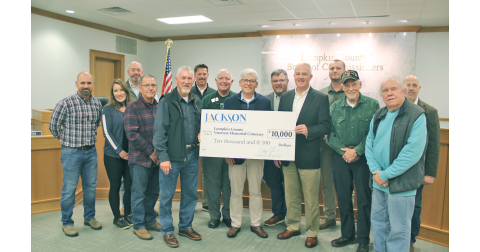 Representatives of Jackson EMC presented a donation of $10,000 for the Lumpkin County Veterans Cemetery during a recent Board of Commissioners meeting. All local funds raised for the project are being matched, in $50,000 increments, by the Lowell S. and Betty L. Dunn Foundation.
