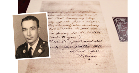 One wartime letter by Marion Hatcher included a French bank note, presumably intended for a younger sibling. “By the way I’m sending you two Francs to put in Junior’s penny bank (That’s four cents to you!),” Hatcher wrote to his parents.