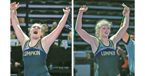 Lumpkin County wrestlers pictured: (left) sophomore Faith Jones captures her first Traditional State Championship; and (right) Greta Garbuzovas makes state history as one of the first ever four-time Girls State Champions.