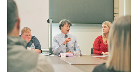 Members of the Preserve Johnny B’s Society, from left, Jesse White, Jeremy Sharp and Leah Story sit down for a roundtable discussion at the library.