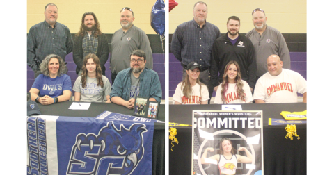 LEFT: Lumpkin County swimmer Haley Hayes celebrates her college signing with her family and coaches.  RIGHT: Cadence Grulla signs her official commitment to Emmanuel University to continue her wrestling career.