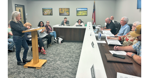 Candida Petite presents her plan for a new farm-friendly development called Mountain Sanctuary Ranch to the members of the Lumpkin County Planning Commission.