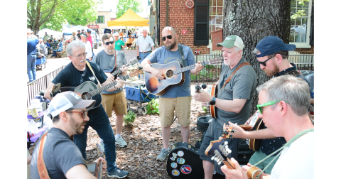 Bluegrass jam circles are a common sight around the Public Square during the annual Bear on the Square festival.