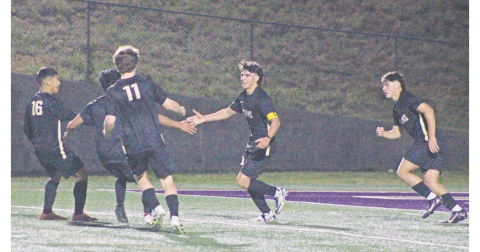 Devin Alvarez celebrates his goal against Dawson with his Lumpkin teammates.