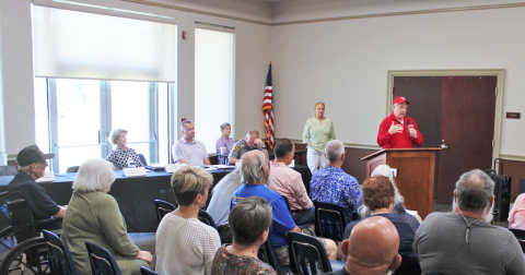 District 9 state Senate candidate Wayne Rowan addresses a crowd of concerned citizens during a Sunday afternoon community forum held at Lumpkin County Parks & Rec. The main topic of discussion was Iron Mountain ATV Park.