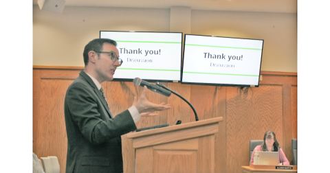 TSW Community Planner Caleb Racicot updates the Planning Commission on a forthcoming revision of Dahlonega’s development ordinances as City Manager Allison Martin looks on.