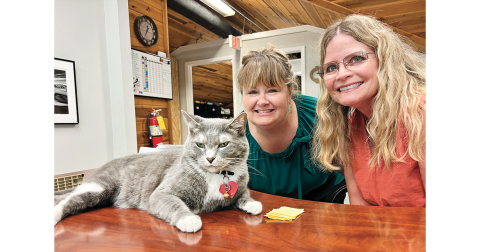 Blue Barry at Community Helping Place is so charming he managed to sneak his way into the Dog Days of Dahlonega special edition. The friendly cat is pictured here alongside CHP Executive Director Melissa Line, left, and Tricia Finesilver.