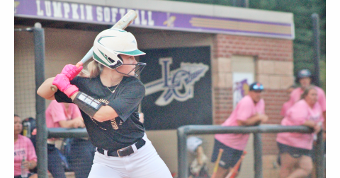 Elin Wilkins lines up in the batter’s box for the Lumpkin softball team as they face off against East Forsyth.