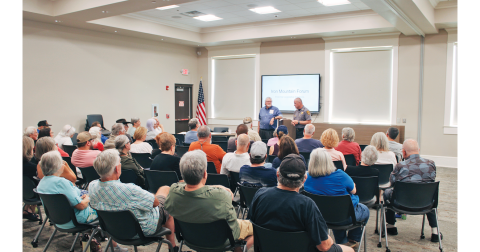 Sheriff Stacy Jarrard and District 9 State House candidate Roger Smith address the public during a special forum on Iron Mountain Park last Thursday.