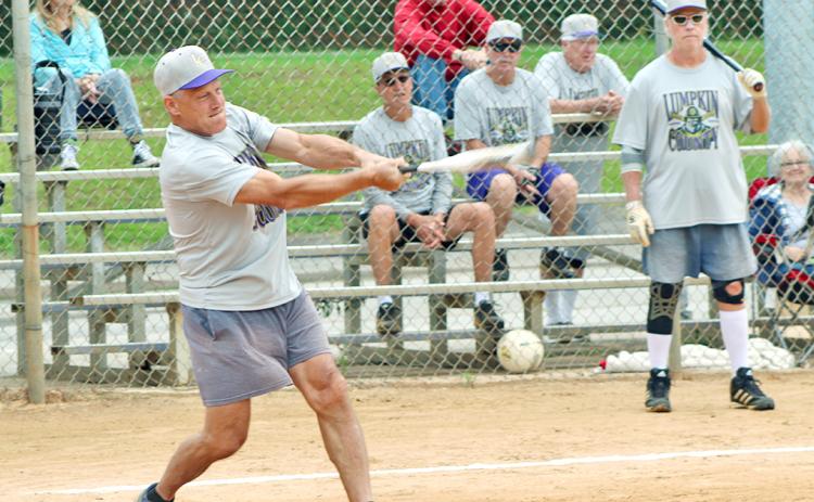 LC Miner infielder Vince “Atta Boy” Adams connects for a leadoff single versus the Rabun Relics in Lumpkin’s 2020 Clayton League season opener last week.