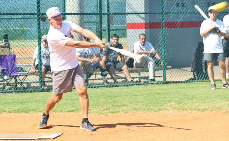 LC Miners infielder “In” Vince “Able” Adams blasts a pitch over the fence for a home run against the Franklin Old Bones. Adams had a perfect day at the plate, going 7-for-7 with eight RBIs in the lead-off spot for the Miners.