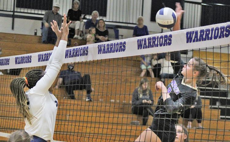 The heart and soul of this year’s volleyball team, MaKenzie Caldwell goes up for a spike during Wednesday’s match against White County. Caldwell’s play consistently brings energy to her squad.