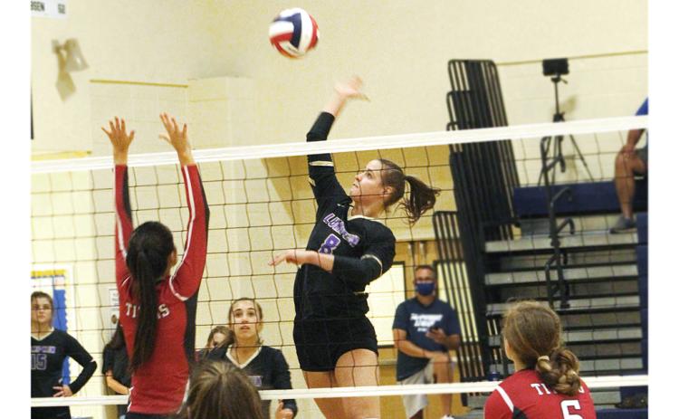 Lady Indians player Makenzie Caldwell records a kill against North Oconee. Caldwell was instrumental in Lumpkin’s victory over North Oconee last week and in the team’s historic 12-1 start to the 2020 season.