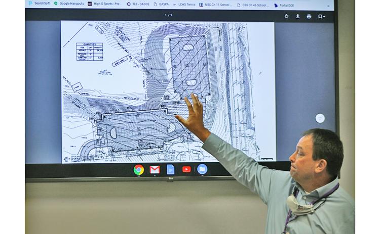 LCSS Chief Operations Officer Greg Trammell presents the latest plan for additional parking at Long Branch Elementary School during the September Board of Education work session on Monday, Sept. 14. The project, which has been in the works since early 2018, could be finalized at the next Board of Education meeting on Monday, Oct. 12.