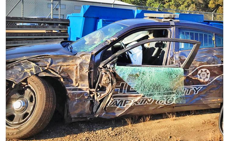 A Lumpkin County Sheriff’s Office patrol car was taken down by a pothole during the pursuit of a suspect last week. Fortunately the deputy behind the wheel was unharmed.