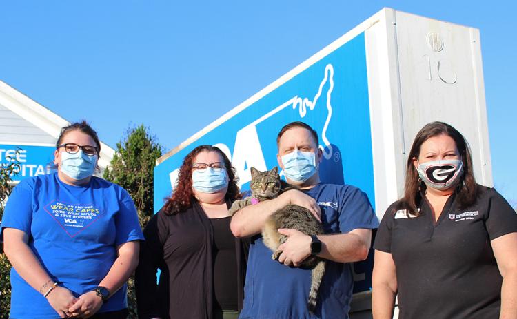 Lumpkin County 4-H is putting on a fundraiser with help from VCA Chestatee Animal Hospital, this Saturday, Oct. 31, as they host a Rabies Clinic at the middle school. Pictured (from left) VCA Chestatee Animal Hospital's Michaela Letson, Melissa Jordan, Kevin Liszak and Ashley the cat, along with Chesley Davis of Lumpkin County 4-H.