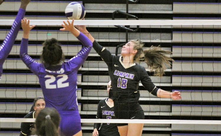 Lumpkin’s Victoria Crotzer makes a big hit versus a Cherokee Bluff opponent last week.